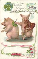 New Year, pigs, clover, litho