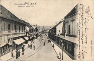 Kolozsvár, Wesselényi Miklós utca, Kovács József és Pap Ernő üzletei, Schuster Emil kiadása / street, shops (fl)