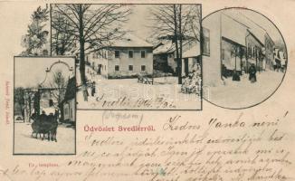 Svedlér, Evangélikus templom és iskola, Fő tér, Szlovik Jenő kiadása / Evangelical church, school (EK)