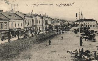 Máramarossziget, Taubes Lázár és fia és Klein D. és társa üzlete, Korona kávéház, fodrász / shops, cafe, hairdresser (lyuk / pinhole)