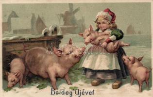 New Year, pigs, girl Emb. litho (wet corner)