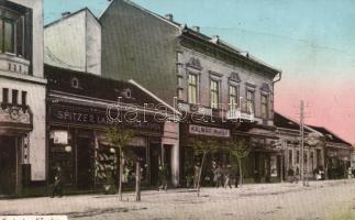 Szolnok, Fő utca, Spitzer Lajos, Ország Miksa és Kalmár Miksa üzlete, kávéház, Gerő Ignácz kiadása (fa)