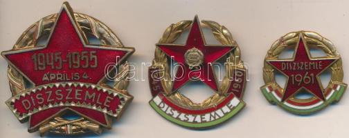 1955-1961. 3db klf "Díszszemle" zománcozott jelvények T:1-,2