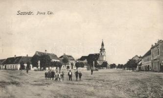 Sasvár, Piactér, Salzmann Manó kiadása / Market place, church (EK)