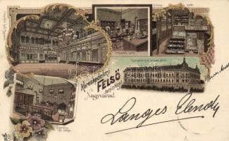 1898 Nagyvárad, Kereskedelmi Felső Tanintézet, Kereskedő palota díszterme, Természettani szertár, Internátus hálószobája, Sonnenfeld Adolf kiadása / Commercial Institute, interior, saloon, bedroom, Art Nouveau, litho (EK)