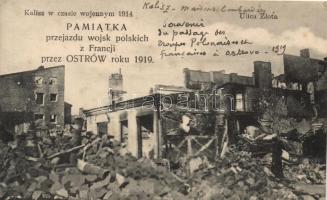 1914 Kalisz, Ulice Zlota / street, war damage; 'French troops in Ostrowo' commemorative issue