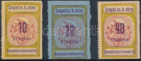 1920 Szeged Anyakönyvi kivonatdíj II. típusú betűk 10K, 20K, 40K Ritka!