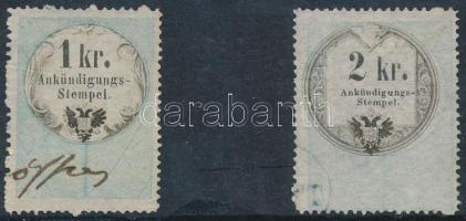 1858 1kr, 2kr Hirdetvénybélyeg, 15-ös fogazás