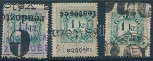 1891 3 x 1kr Okmánybélyeg Hirdetvénybélyegként használva, ritka!