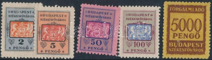 1945 Budapest Székesfőváros forgalmi adóbélyeg, 8-as fogazás 2P, 5P, 50P, 100P, 5000P
