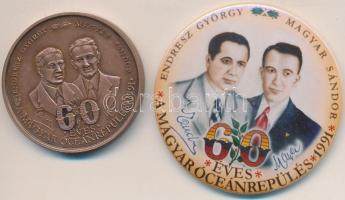 Bozó Gyula (1913-2004) 1991. "60 éves a magyar óceánrepülés Endresz György - Magyar Sándor / Harbour Grace - Bicske" Br emlékérem (43mm) + 1991. "60 éves a magyar óceánrepülés / Endresz György, Magyar Sándor" színes kitűző T:2