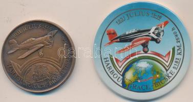Bozó Gyula (1913-2004) 1991. "60 éves a magyar óceánrepülés Endresz György - Magyar Sándor / Harbour Grace - Bicske" Br emlékérem (43mm) + DN "1931. Harbour Grace - Bicske" színes kitűző T:1-