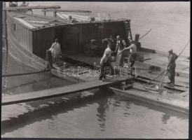cca 1930-1940 Reich Péter Cornel: Munkások a halászbárkán, pecséttel jelzett vintage szociofotó, 13x18 cm