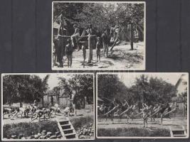 cca 1950 Mérlegállás; Gyertek hozzám báránykáim; Mókusok a szereken; 3 db feliratozott sportfotó, 8x11 cm