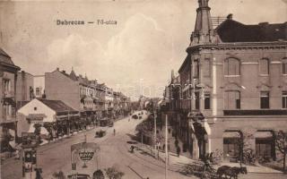 Debrecen, Fő utca, Royal kioszk, György Sándor férfiruha üzlete, Kühne gépgyár, Bank egyesület, villamos