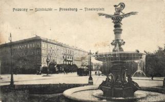 Pozsony, Színház tér, szobor, villamos / square, theatre, statue, tram (fl)