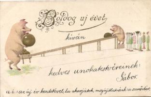 New Year, pigs, bowling, Emb. litho