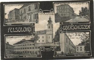 Felsőlövő, Oberschützen; Fő tér, internátus, Evangélikus templom, főgimnázium és népiskola / square, boarding school, church, grammar school Art Nouveau (EK)