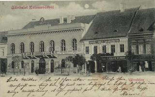 Kolozsvár, Városháza, Egyesült Erdélyi Takarékpénztár, Polcz Albert üzlete, Schmidtmeyer színházi fodrász / town hall, savings bank, shop, hairdresser (fl)