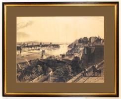 Pest-Budát a Lánchíddal, a Várral és a Gellért-heggyel ábrázoló régi metszet modern másolata, igényes üvegezett keretben, 60x80 cm