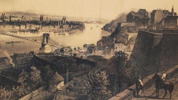 Pest-Budát a Lánchíddal, a Várral és a Gellért-heggyel ábrázoló régi metszet modern másolata, igénye...