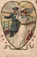 Captain and lady on the shipboard, litho