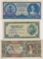 1945. 10.000P + 100.000P + 10.000.000P + 1946. 100.000.000MP + 1.000.000.000MP mindegyik "M.N.B. REVIZIÓNÁL IGAZOLÁSUL FELHASZNÁLVA" háromszögletű lila bélyegzővel T:III