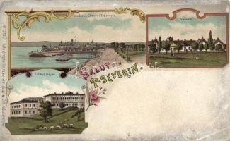 Szörényvár (Turnu Severin) Vederea Cheului, rakpart, Vamele, Liceul Trajan, főgimnázium / quay, grammar school, Art Nouveau litho (EK)