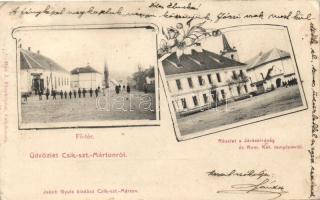 Csíkszentmárton, Fő tér, Jakob Gyula üzlete és kiadása, Járásbíróság, Római katolikus templom / square, shop, court, church, floral, Art Nouveau (EK)