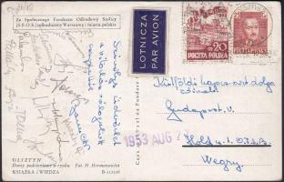 1953 A vitorlás válogatott által hazaküldött képeslap a sportolók aláírásával