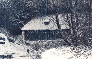 Olgyai Viktor (1870-1929): Téli erdő. Rézkarc, papír, jelzett, üvegezett keretben, 24×22 cm