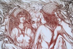 Kolozsvári Grandpierre Miklós (1950-): Tükröm, tükröm. Rézkarc, papír, jelzett, üvegezett keretben, ...