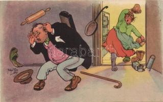 Couple, quarrel, Woman throwing things, Humour (EK)