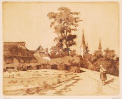 (Dobi) Oláh István (1890-1944): Ónod, falu szélén. Rézkarc, papír, jelzett, üvegezett keretben, 21x18 cm