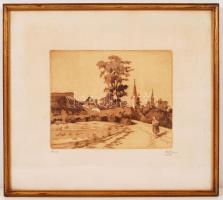 (Dobi) Oláh István (1890-1944): Ónod, falu szélén. Rézkarc, papír, jelzett, üvegezett keretben, 21x1...