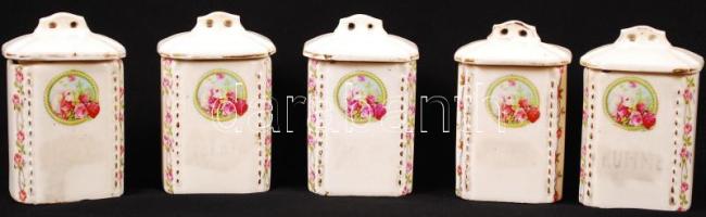 5 db régi virágmintás kerámia fűszertartó kis lepattanásokkal