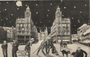 Budapest V. Kígyó tér éjjel, Biztosító, Zweiback Lajos üzlete. Humoros részeges férfiak montázslap / Humorous drunk men montage postcard (fl)