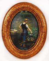 Jelzés nélkül: Virágot locsoló lány. Olaj, farost, antik keretben, 36x28 cm