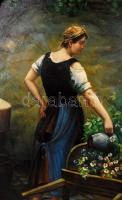 Jelzés nélkül: Virágot locsoló lány. Olaj, farost, antik keretben, 36x28 cm
