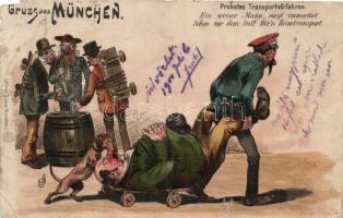 Probates Transportverfahren / Tested transpot method München, humour, beer, drunk men litho (b)