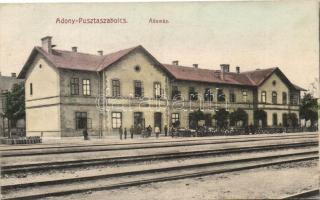 Adony-Pusztaszabolcs, vasútállomás, hátoldalon Rajcsányi Mihály vasúti vendéglős reklám (ázott / water damage)