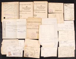 cca 1941-1943 Vegyes okmány és nyomtatvány tétel, közte számlák, adóívek, fizetési meghagyások (Dáhlia Virágterem, Preszler Mihály Kőnyomda, Magyar Zeneszó, stb.)