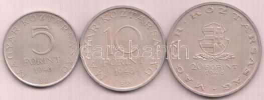 1948. 5Ft Ag "Petőfi" + 10Ft Ag "Széchenyi" + 20Ft Ag "Táncsics" "Szabadságharc" sor T:2- Adamo EM1,2,3