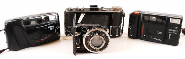 3 db analóg fényképezőgép: Korelle bőr tokban, Nikon RF2, Presenta AFM