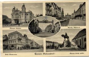 Kolozsvár, Mátyás király szobor, Nemzeti színház, Deák Ferenc utca, Horthy Miklós út, Erdély visszatér / statue, theatre, street