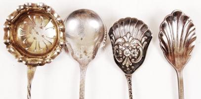 Ezüstözött alpakka teaszűrő, kanalak, cukorfogó, jelzettek, összesen:4 db