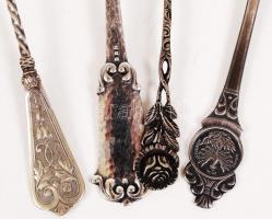 Ezüstözött alpakka teaszűrő, kanalak, cukorfogó, jelzettek, összesen:4 db