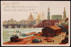 1899 Cholnoky Jenő földrajztudós üzenete és saját kezű aláírása feleségének Drezdából küldött litho képeslapon