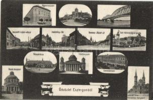 Esztergom, Főgimnázium, Kossuth Lajos utca, Széchenyi tér, Kerek templom, Szentháromság és posta, Kecskeméthy János kiadása (EM)