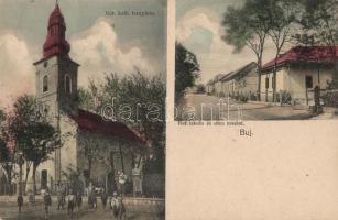 Buj, Görög katolikus templom, Református iskola, utca, kiadja Hangya (b)